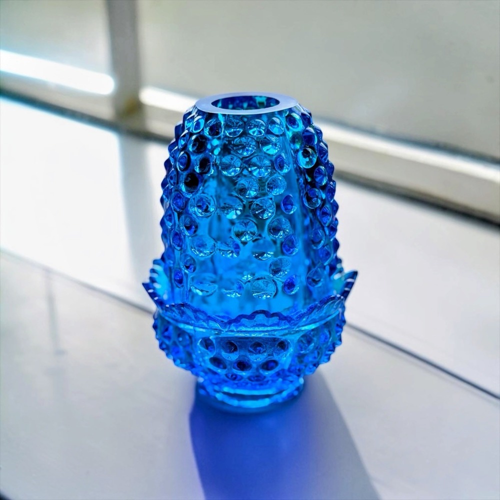 VTG Fenton Bright Colonial Blue Hobnail Fairy Lamp 2pc Art Glass 1970s Gorgeous